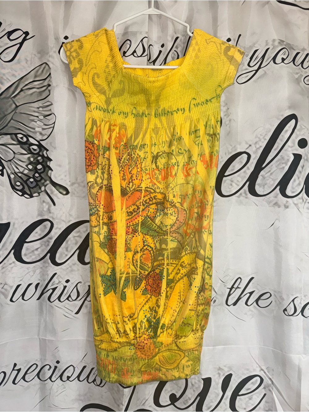 Yellow Y2K flash-Print Short Sleeve Tunic Top *stretchy but small looking